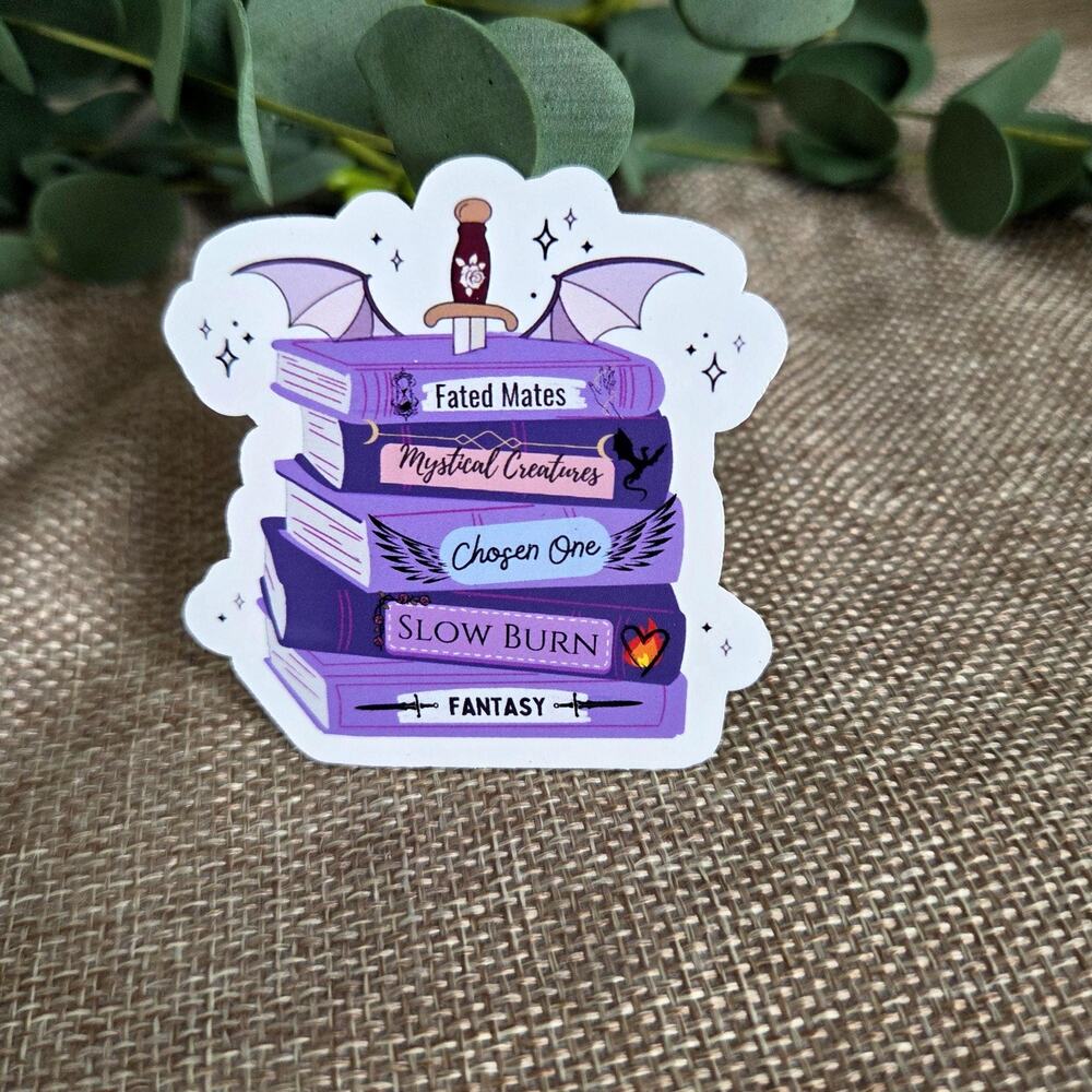Gothic Fantasy Bookstack Sticker, Dark Academia Dragon Dagger Decal Water Bottle